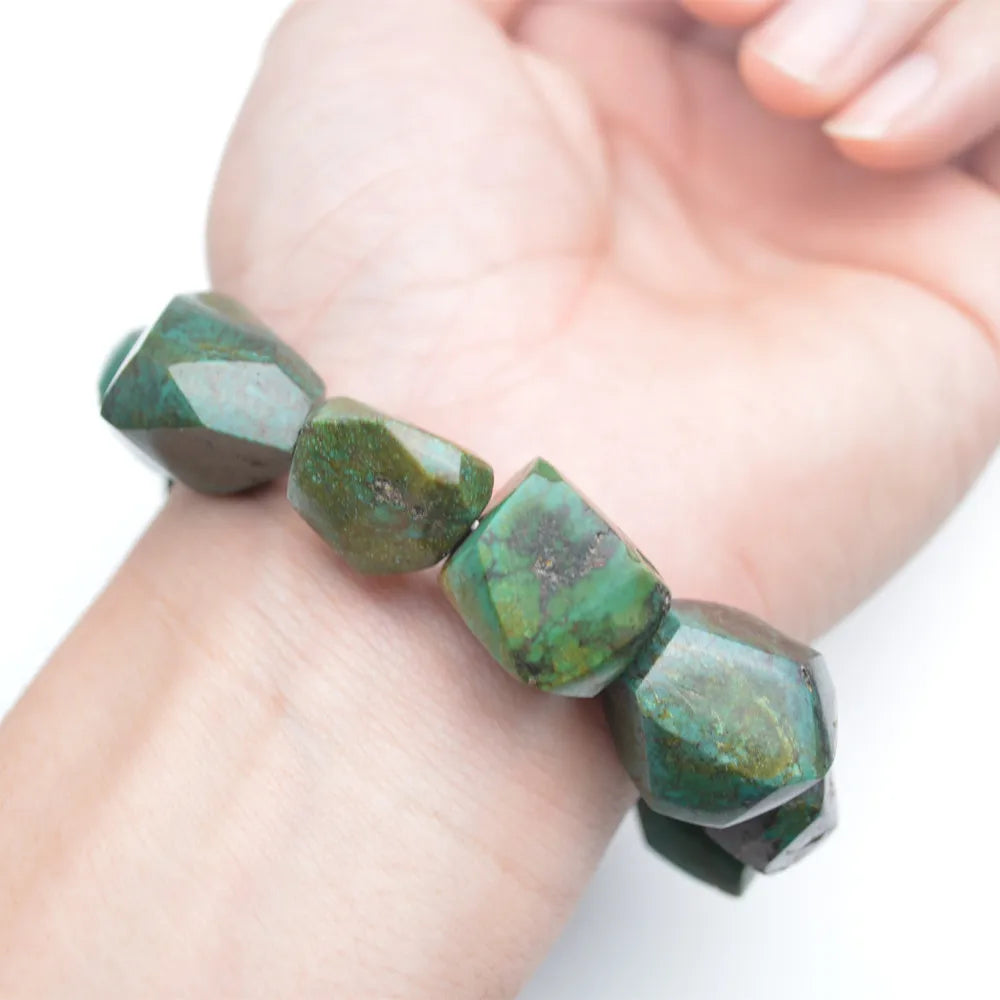 Men's Antique Green Turquoise Nugget Beads Bracelet with Pearl Charm