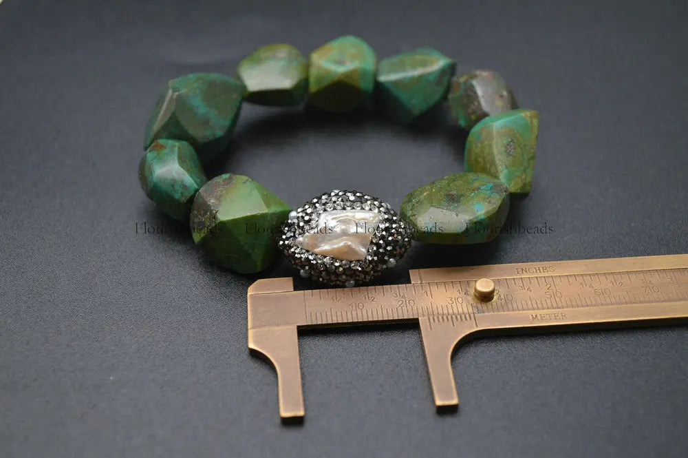Men's Antique Green Turquoise Nugget Beads Bracelet with Pearl Charm