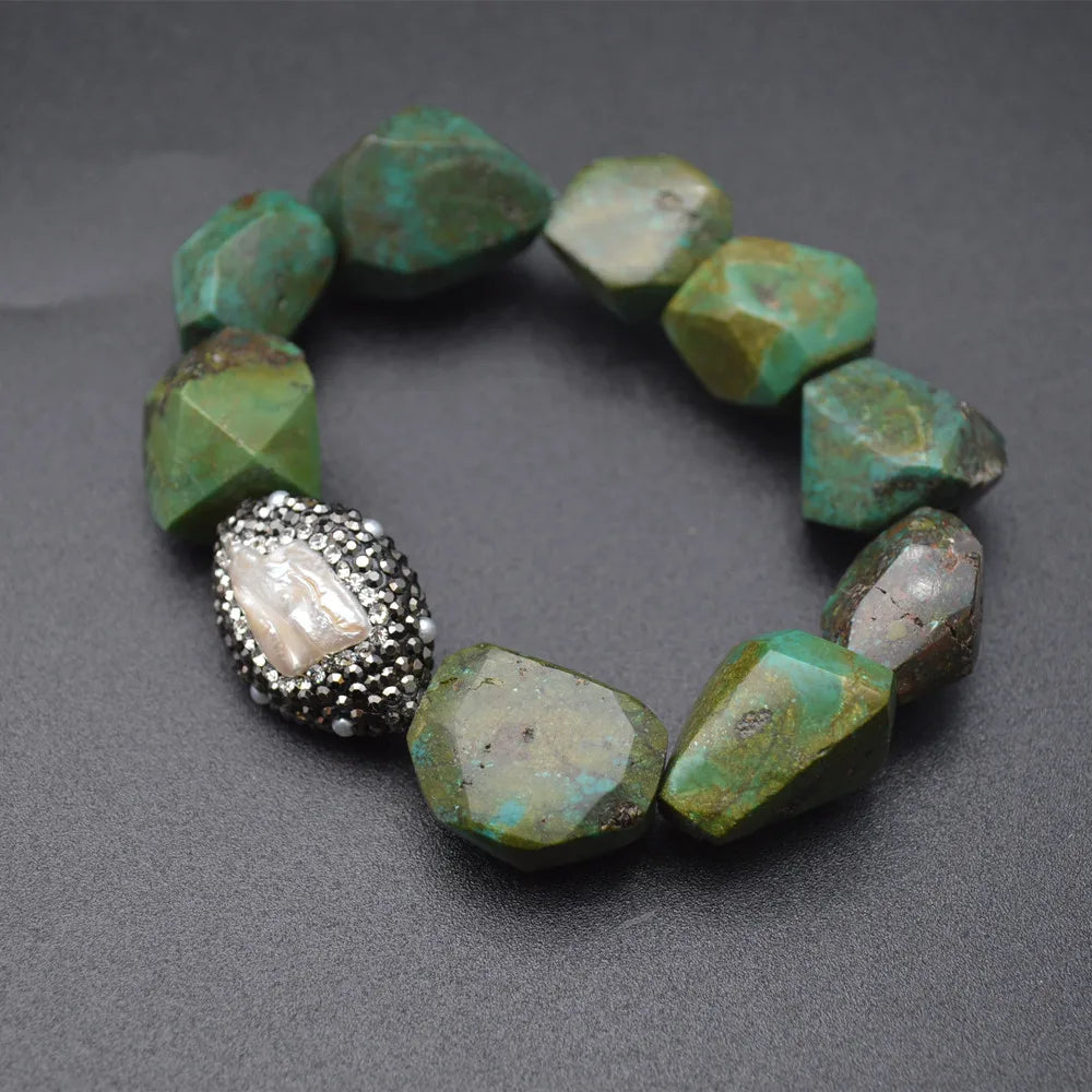 Men's Antique Green Turquoise Nugget Beads Bracelet with Pearl Charm