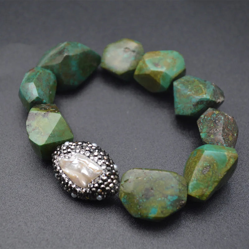 Men's Antique Green Turquoise Nugget Beads Bracelet with Pearl Charm