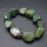 Men's Antique Green Turquoise Nugget Beads Bracelet with Pearl Charm