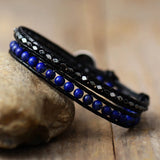 Men Bracelets 2 Layers Lapis Tiger Eye Leather Wrap Bracelets Natural Stone Bead