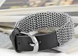 Mens Metal Chain Leather Bracelet 21mm Wide Wrap Bangle 10.6 inch