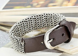 Mens Metal Chain Leather Bracelet 21mm Wide Wrap Bangle 10.6 inch