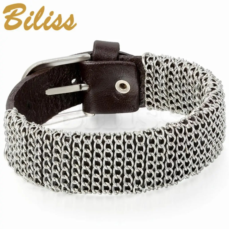 Mens Metal Chain Leather Bracelet 21mm Wide Wrap Bangle 10.6 inch