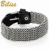 Mens Metal Chain Leather Bracelet 21mm Wide Wrap Bangle 10.6 inch