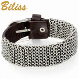 Mens Metal Chain Leather Bracelet 21mm Wide Wrap Bangle 10.6 inch