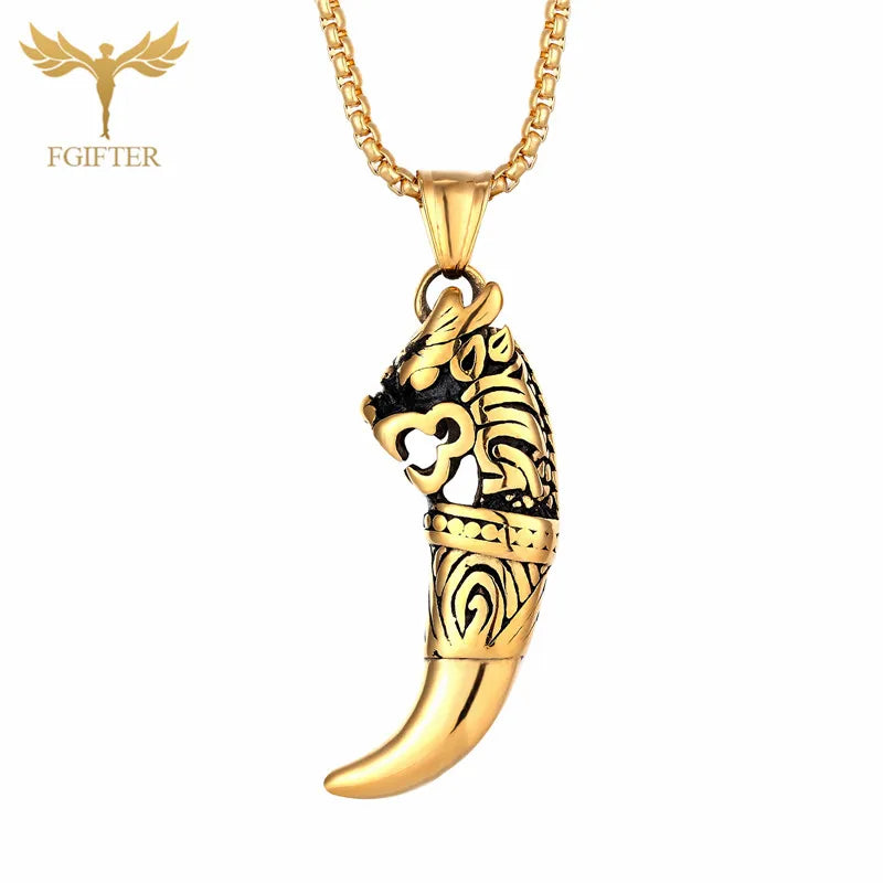 Men's Wolf Tooth Pendant Necklace Stainless Steel Long Chain