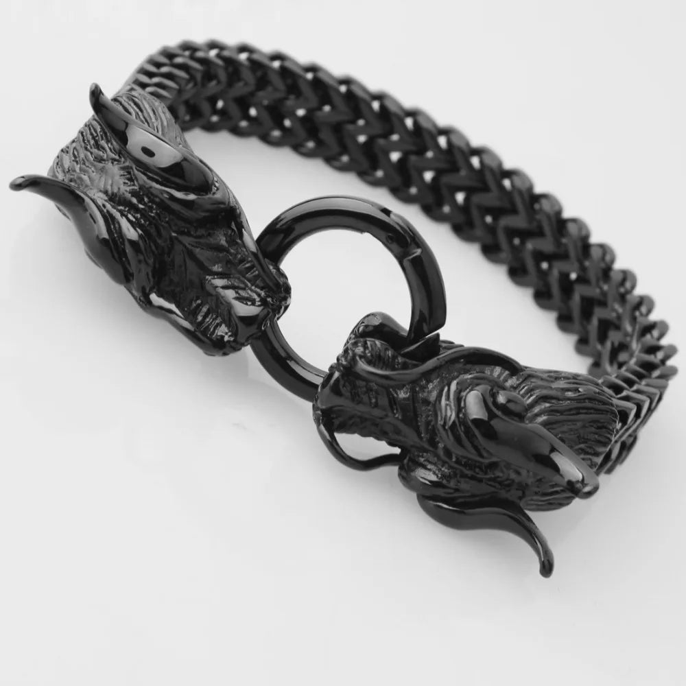 Men's Silver Stainless Steel Double Dragon Bracelet