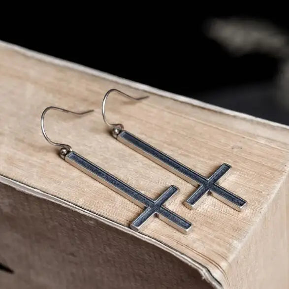 Gothic 925 Silver Cross Pendant Drop Earrings
