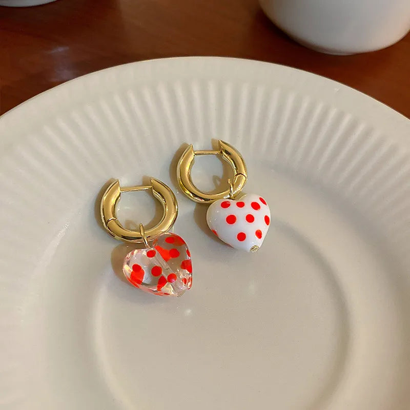 Sweet Red Heart Strawberry Alloy Glass Loop Hoop Earrings for Women Girls