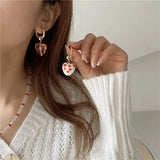Sweet Red Heart Strawberry Alloy Glass Loop Hoop Earrings for Women Girls