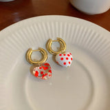 Sweet Red Heart Strawberry Alloy Glass Loop Hoop Earrings for Women Girls