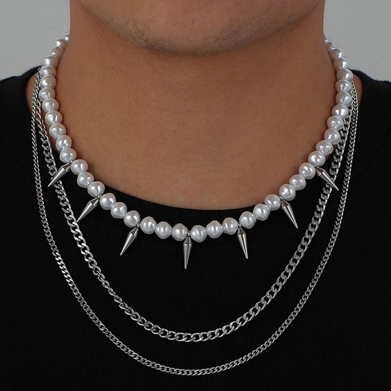 Triple Layer Men Pearl Stab Pendant Necklace Choker Hiphop Stuff