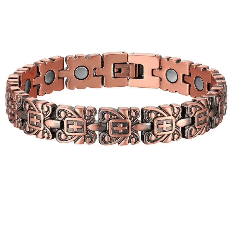 Vintage Cross Pattern Copper Bracelet with Raw Magnets for Arthritis