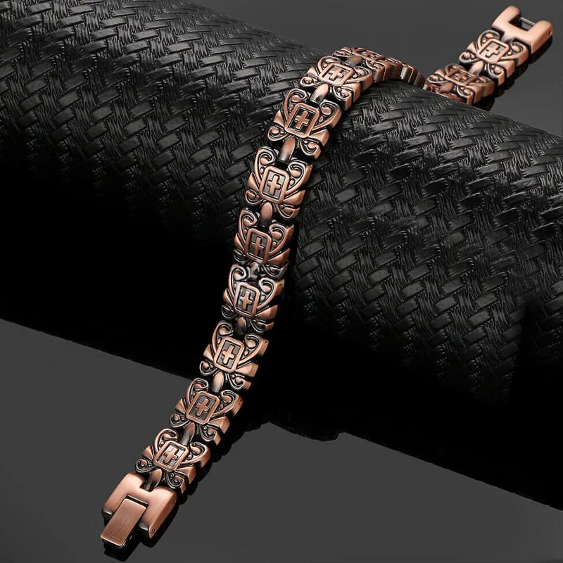 Vintage Cross Pattern Copper Bracelet with Raw Magnets for Arthritis