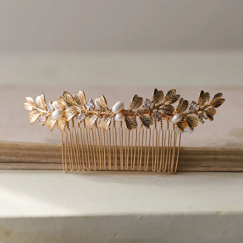Copper Leaves Comb Bridal Hair Piece Zircon Wedding Headpiece