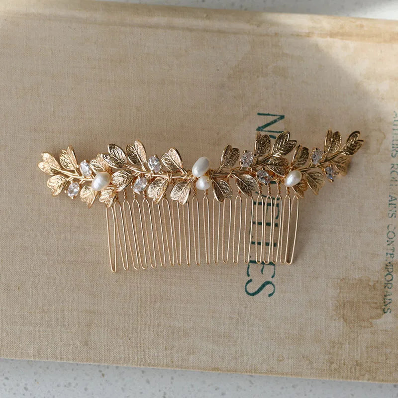 Copper Leaves Comb Bridal Hair Piece Zircon Wedding Headpiece