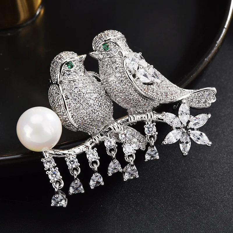 Copper Bird Pearl CZ Brooch Hijab Pin All-match Jewelry Creative Gift