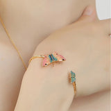 Copper Plated Enamel Butterfly Open Ring with Pearl