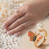 Copper Plated Enamel Butterfly Open Ring with Pearl