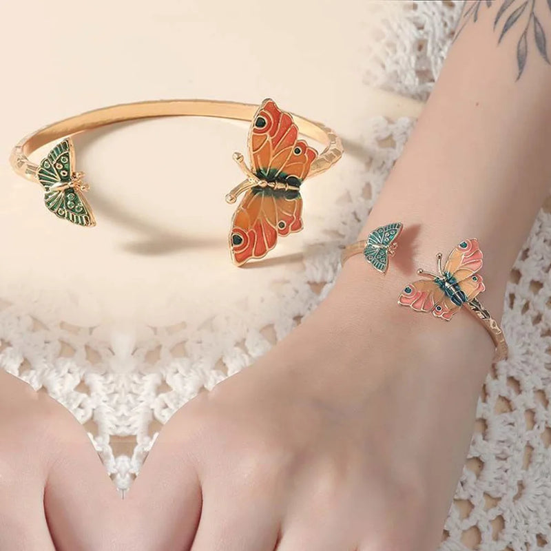 Copper Plated Enamel Butterfly Open Ring with Pearl