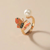 Copper Plated Enamel Butterfly Open Ring with Pearl