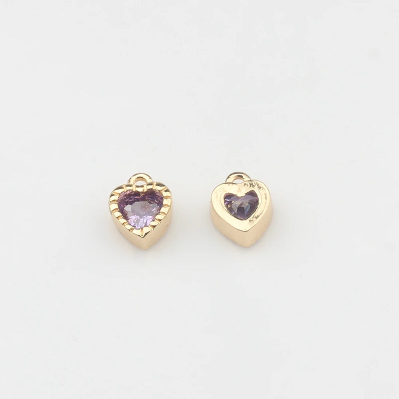 Mini Copper Plated Heart Charms Inlaid Zircon 6pcs
