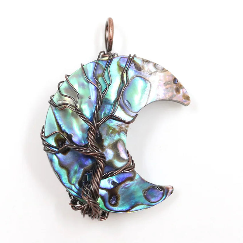 Copper Wire Wrap Moon Abalone Pendant Tree of Life Jewelry