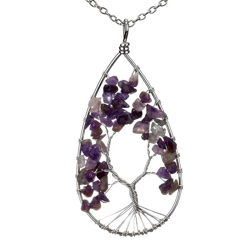 Copper Wire Wrap Chakra Crystal Necklace Natural Rock Crystal Tree Of Life