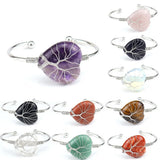 Copper Wire Wrap Crystal Heart Open Cuff Bangle