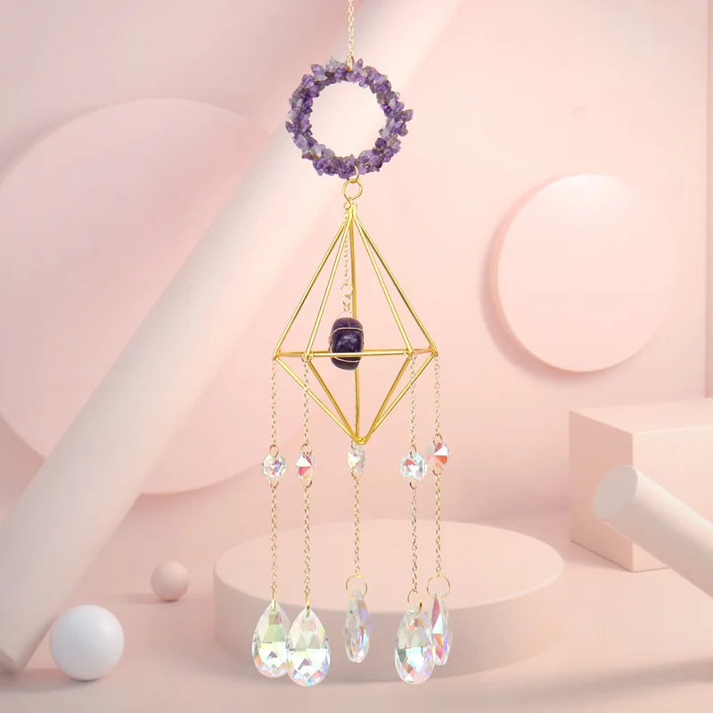 Copper Wire Wrap Rock Crystal Gravel Sun Catcher Lamp Stand