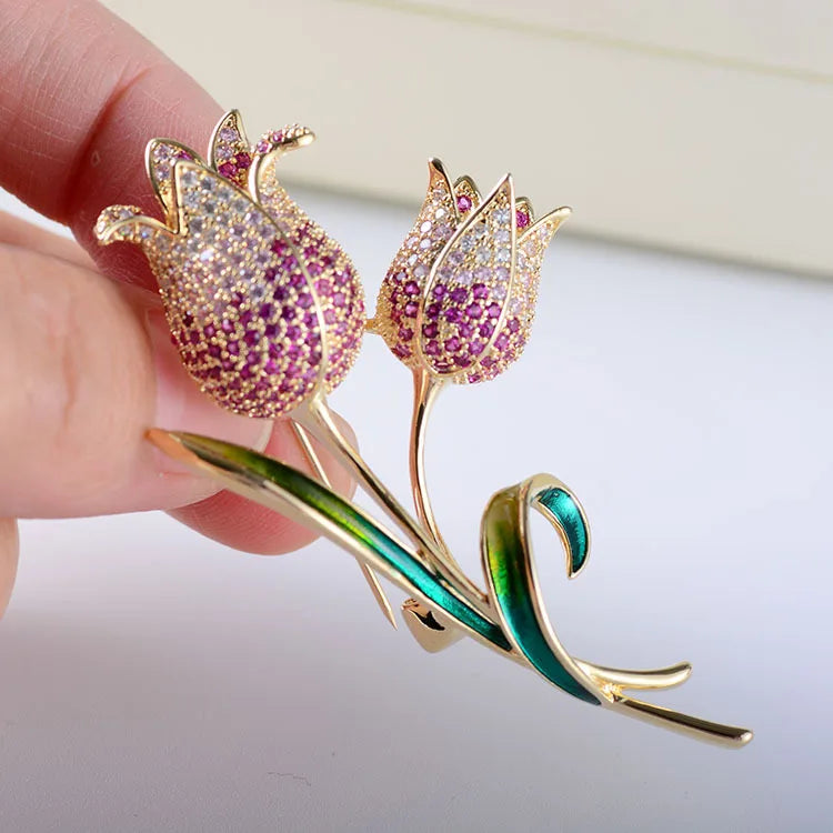 Copper Zircon Tulip Brooch Wedding Jewelry