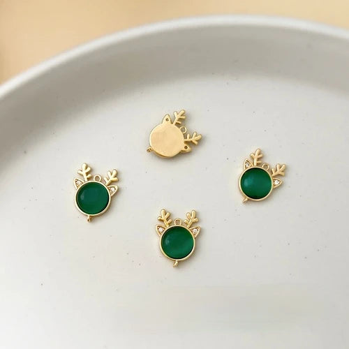 18K Real Double Rings Cat's Eye Stone Elk's Head Pendant Earrings