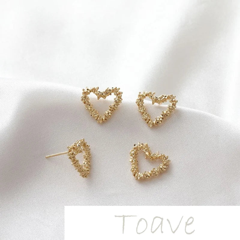 Hollow Peach Heart Silver Needle Earrings, Copper-Plated Gold