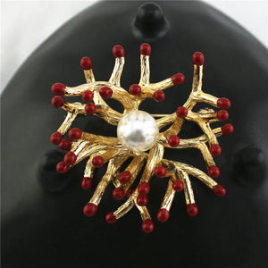 Copper Flower Brooch Pearl Vintage Pin