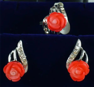 Coral Pink Flower South Sea Shell Pearl Earring Ring Set