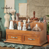 Cosmetic Storage Organizer 2 Drawers Retro Rustic Handle Wooden Desk Organizers