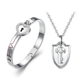 Titanium Steel Love Heart Lock Bangle + Key Pendant Necklace Set