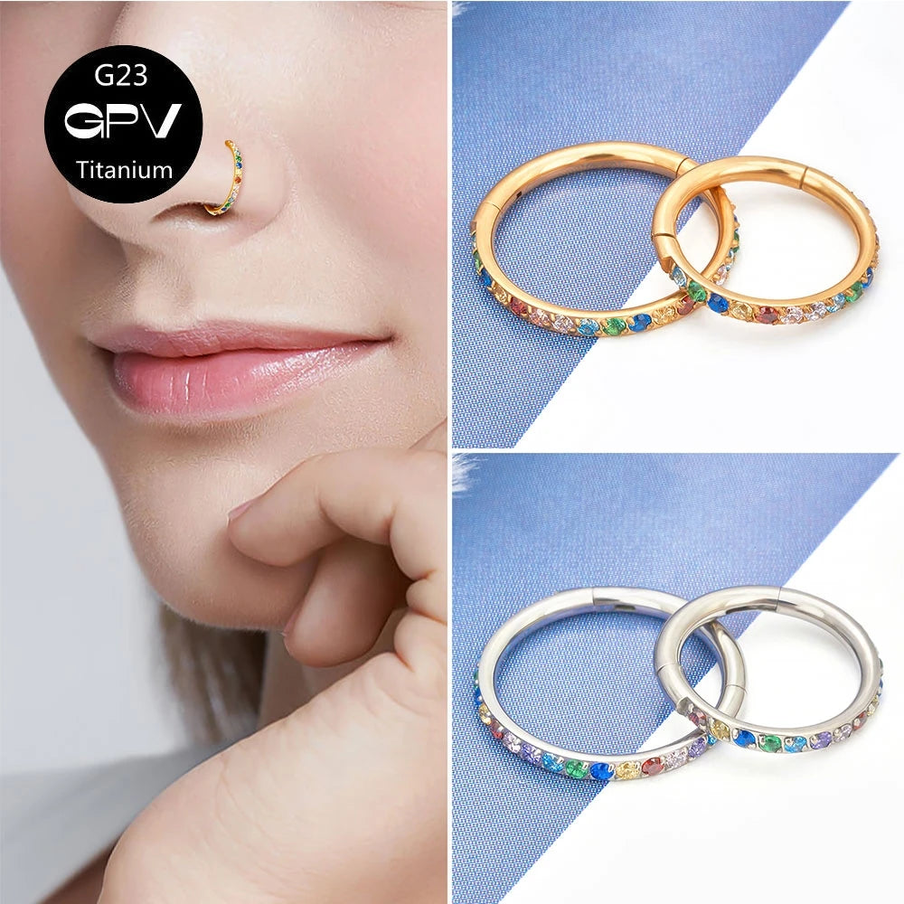 Perforated Nose Ring Titanium Alloy with Colored Zircon Rock