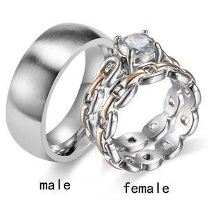 His Hers Couple Ring Set Stainless Steel Wedding Band Zirconia Women Chains Men