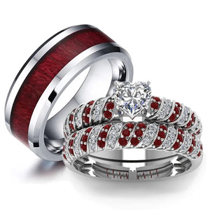 Red Wood Stainless Steel Ring Set Zircon Heart Engagement Wedding Bands Gift