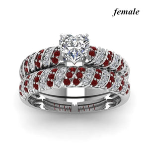 Red Wood Stainless Steel Ring Set Zircon Heart Engagement Wedding Bands Gift