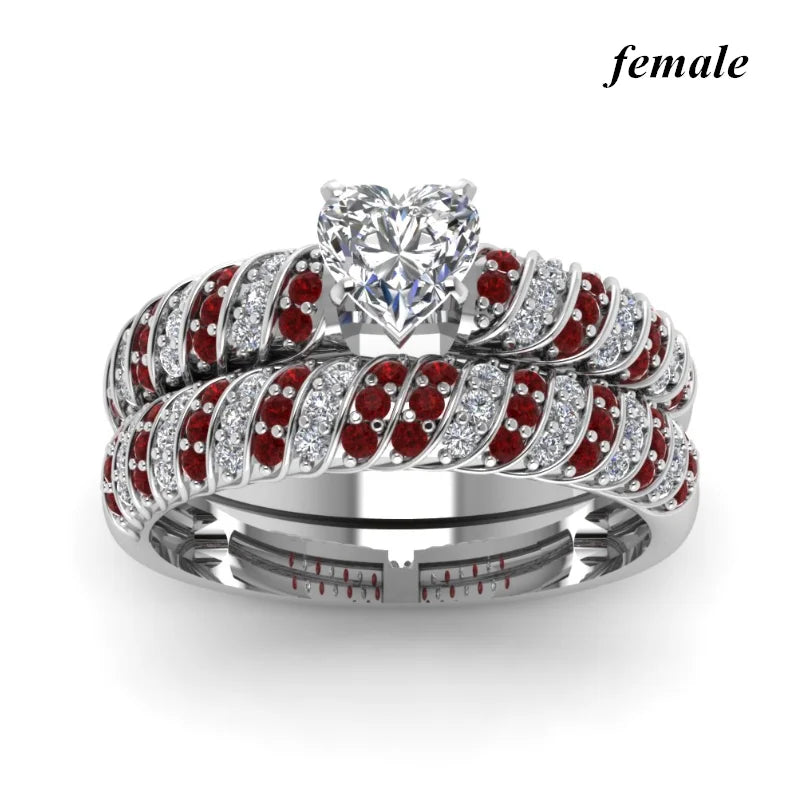Red Wood Stainless Steel Ring Set Zircon Heart Engagement Wedding Bands Gift