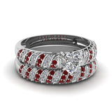 Red Wood Stainless Steel Ring Set Zircon Heart Engagement Wedding Bands Gift