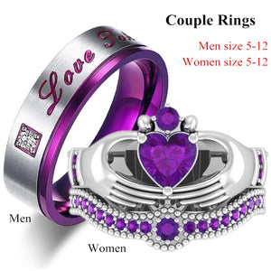 Men's Stainless Steel Crystal & Women's Heart Purple Crystal Ring Set