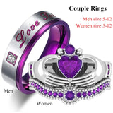 Men's Stainless Steel Crystal & Women's Heart Purple Crystal Ring Set