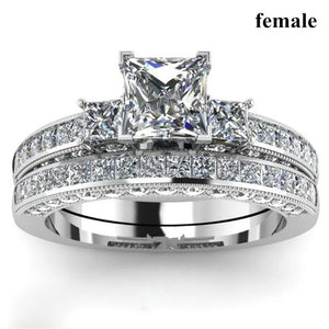 Square Zircon Wedding Engagement Ring Set & Stainless Steel Silver Groov
