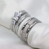 Square Zircon Wedding Engagement Ring Set & Stainless Steel Silver Groov