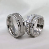 Square Zircon Wedding Engagement Ring Set & Stainless Steel Silver Groov